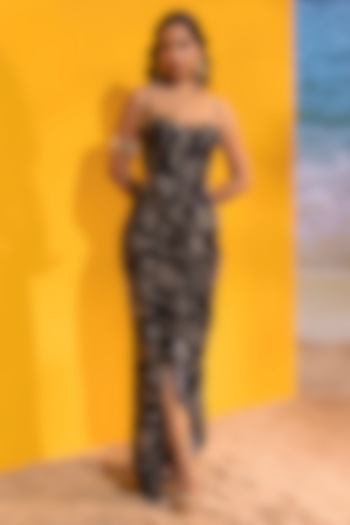 Black Silk Printed Draped Skirt Set by Maison Blu at Pernia's Pop Up Shop