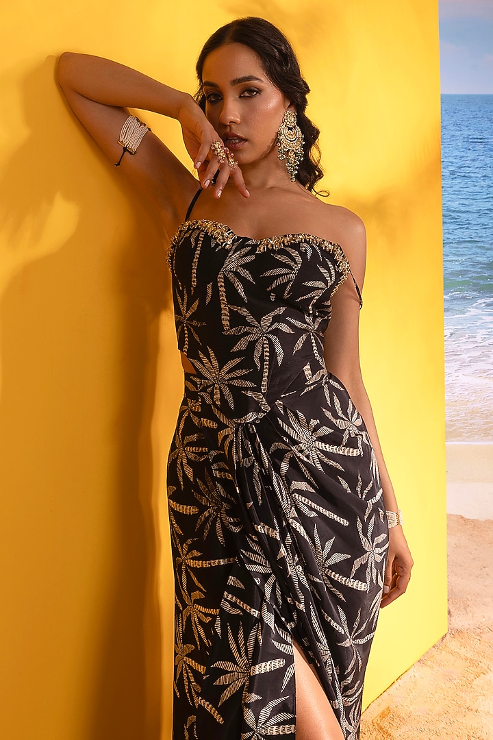 Black Silk Printed Draped Skirt Set by Maison Blu at Pernia's Pop Up Shop
