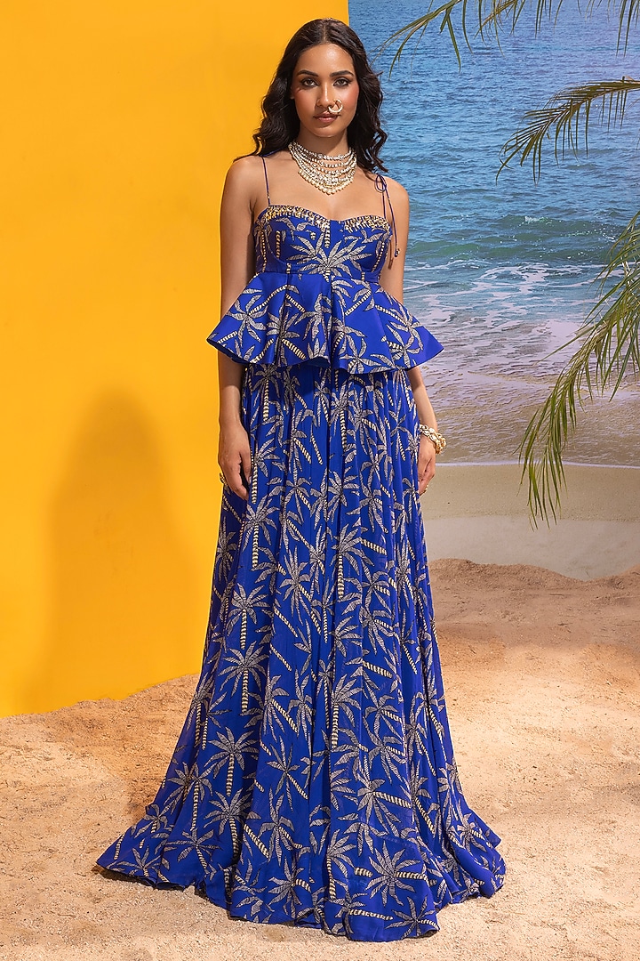 Blue Georgette Printed Skirt Set by Maison Blu at Pernia's Pop Up Shop