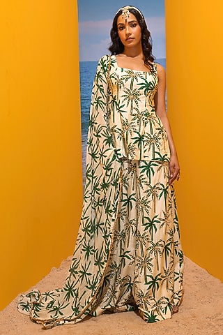 Ivory Silk Printed Kurta Set by Maison Blu