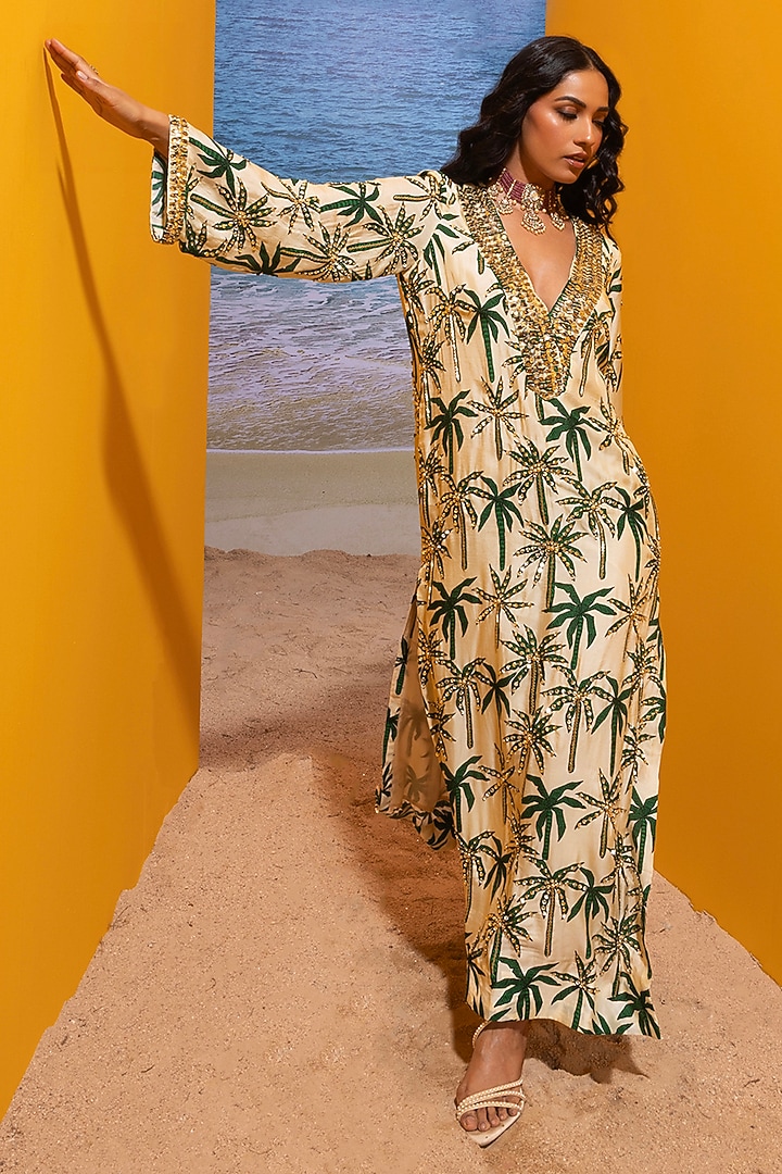 Ivory Silk Printed Printed Slit Kaftan by Maison Blu at Pernia's Pop Up Shop