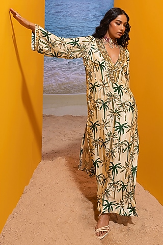 Ivory Silk Printed Printed Slit Kaftan by Maison Blu