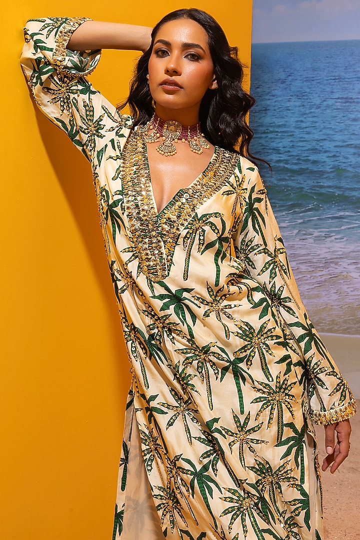 Ivory Silk Printed Printed Slit Kaftan by Maison Blu at Pernia's Pop Up Shop