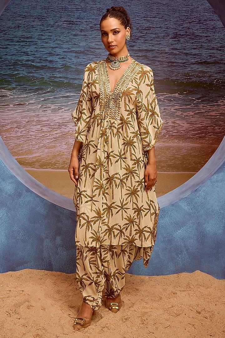 Ivory Georgette Printed Kaftan Set by Maison Blu at Pernia's Pop Up Shop