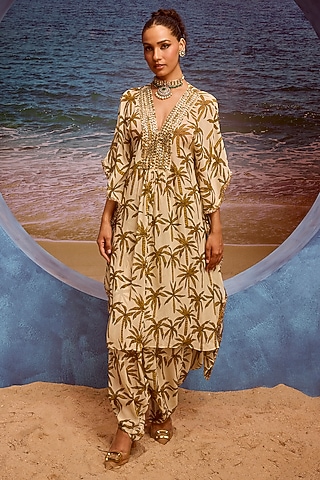 Ivory Georgette Printed Kaftan Set by Maison Blu