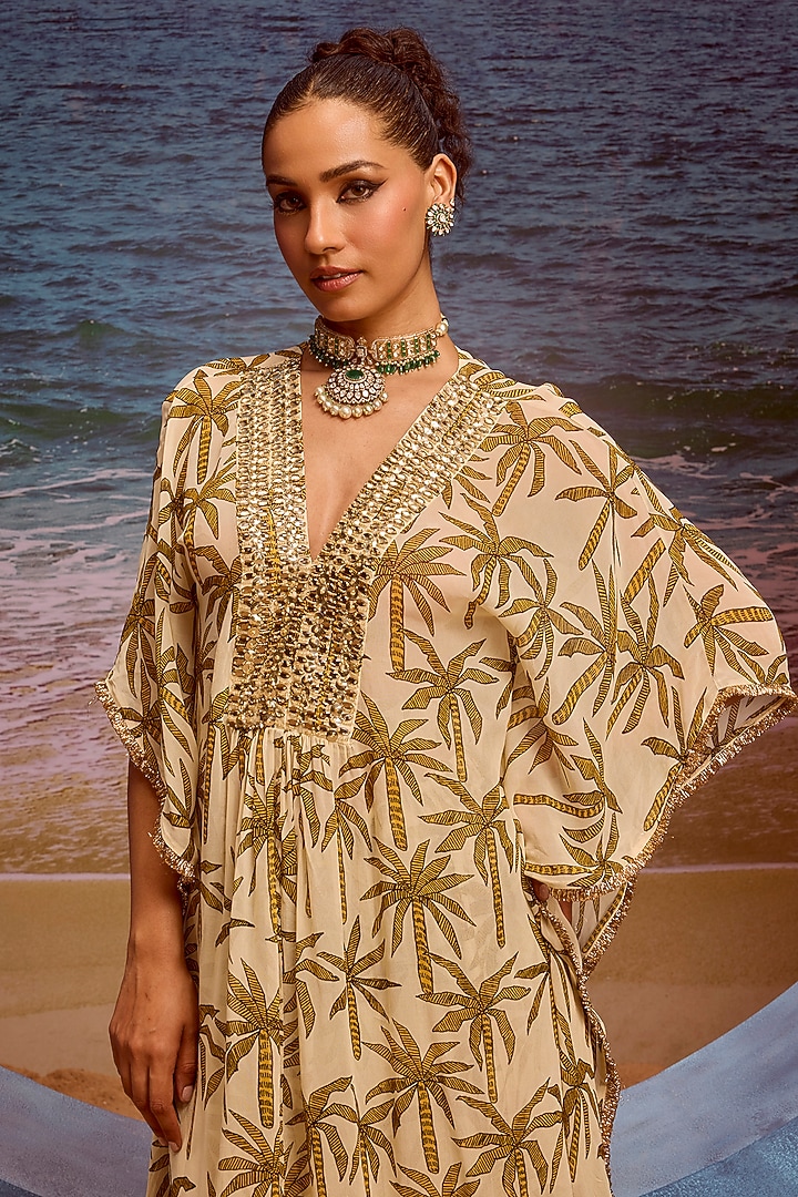 Ivory Georgette Printed Kaftan Set by Maison Blu at Pernia's Pop Up Shop