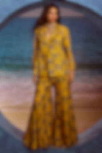 Mustard Silk Printed Blazer Set by Maison Blu at Pernia's Pop Up Shop