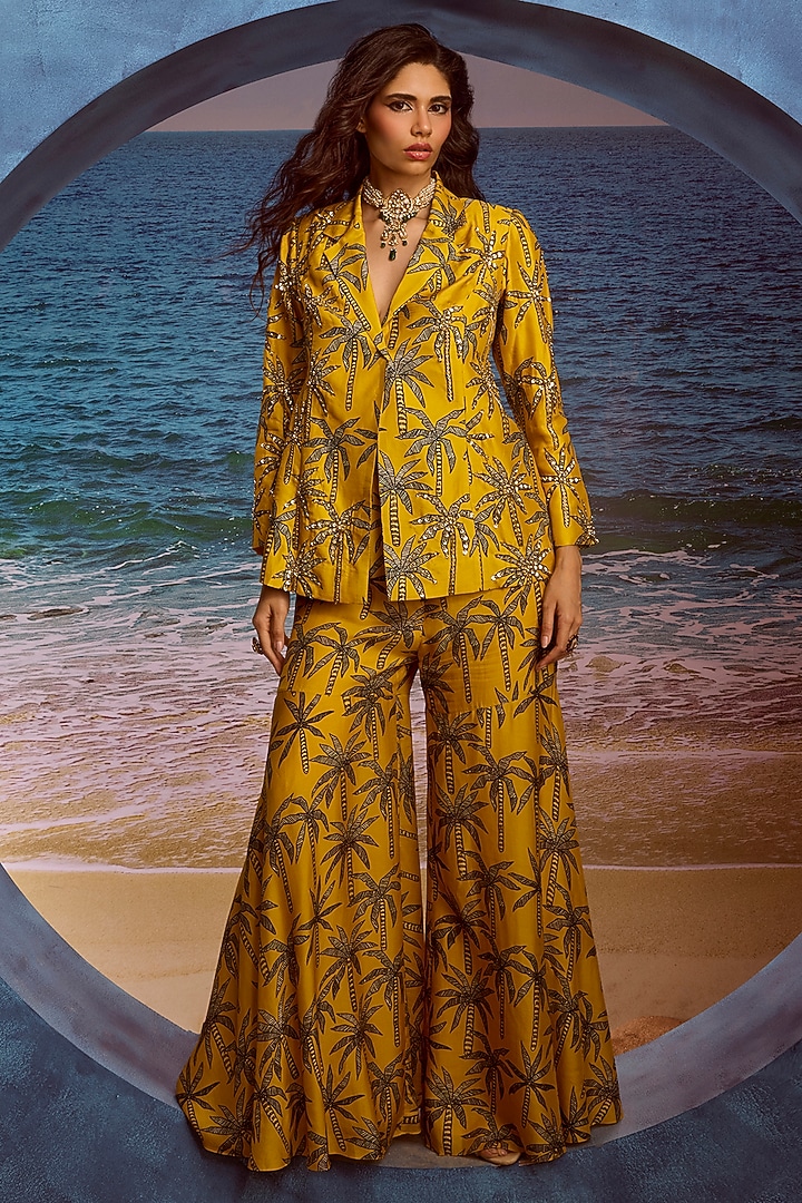 Mustard Silk Printed Blazer Set by Maison Blu at Pernia's Pop Up Shop