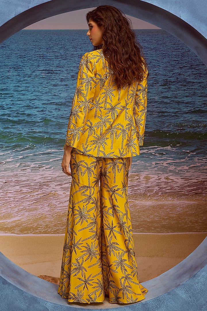 Mustard Silk Printed Blazer Set by Maison Blu at Pernia's Pop Up Shop