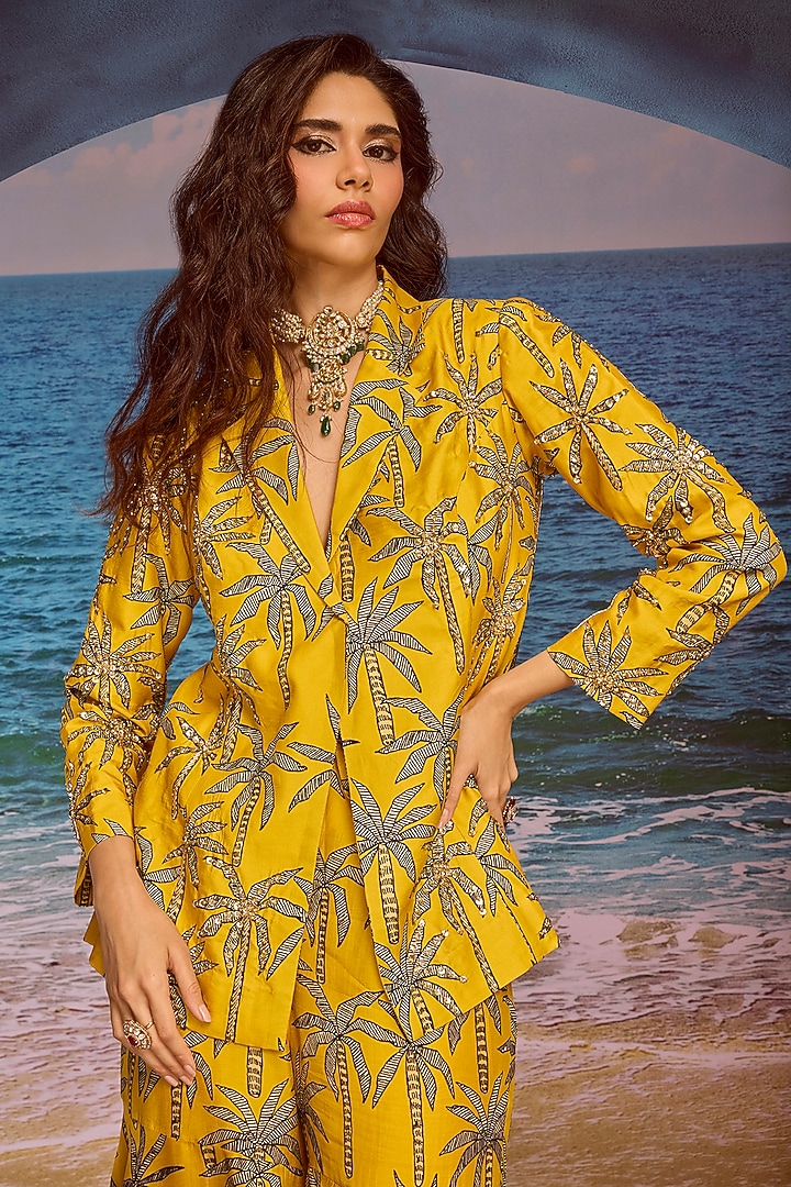 Mustard Silk Printed Blazer Set by Maison Blu at Pernia's Pop Up Shop