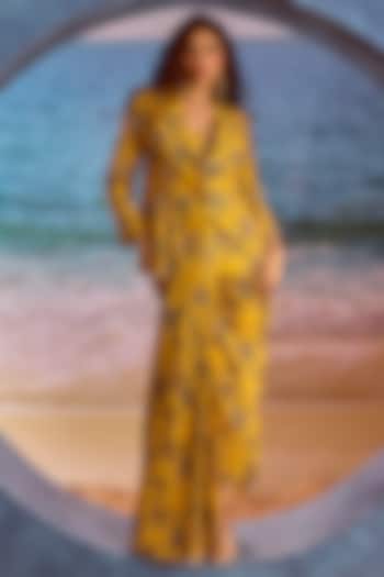 Mustard Silk Printed Draped Skirt Set by Maison Blu at Pernia's Pop Up Shop