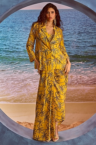 Mustard Silk Printed Draped Skirt Set by Maison Blu