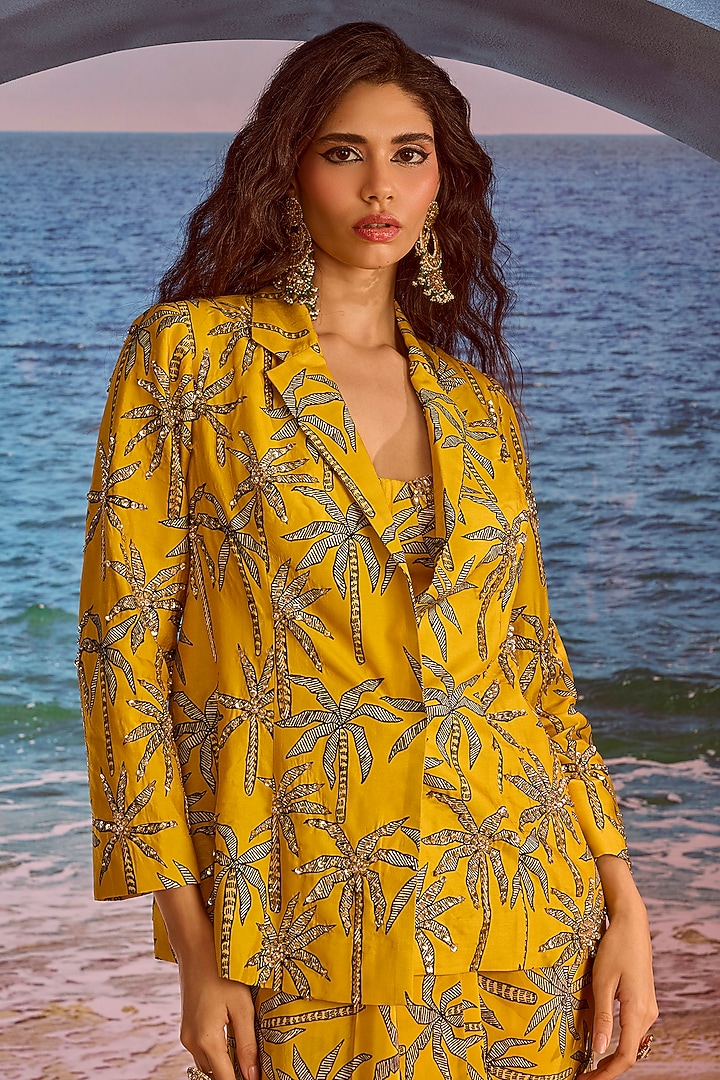 Mustard Silk Printed Draped Skirt Set by Maison Blu at Pernia's Pop Up Shop