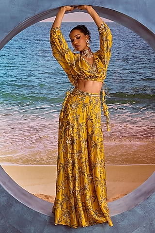 Mustard Silk Printed Sharara Set by Maison Blu