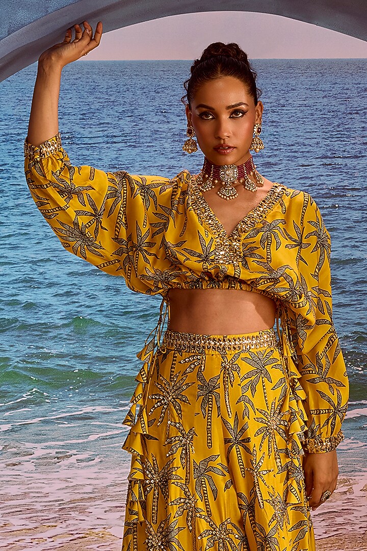 Mustard Silk Printed Wedding Sharara Set by Maison Blu at Pernia's Pop Up Shop