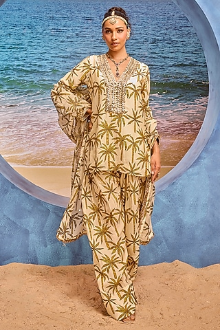 Ivory Silk Printed Kurta Set by Maison Blu