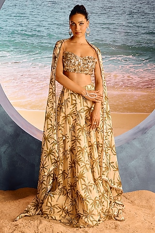 Ivory Georgette Printed Lehenga Set by Maison Blu