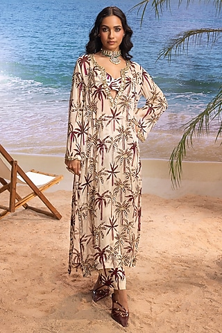 Ivory Silk Printed Kurta Set by Maison Blu