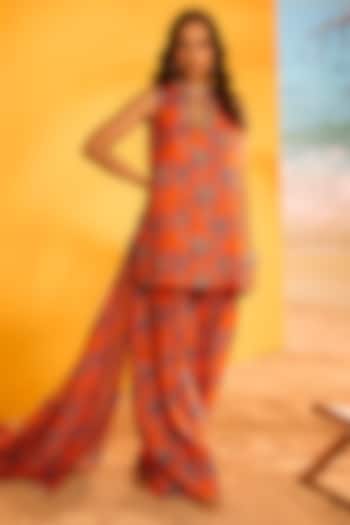 Orange Silk Printed Kurta Set by Maison Blu at Pernia's Pop Up Shop
