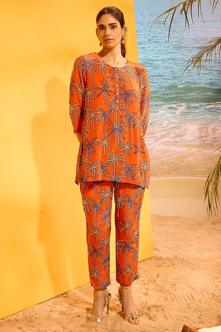 Orange Silk Printed Co-Ord Set by Maison Blu at Pernia's Pop Up Shop