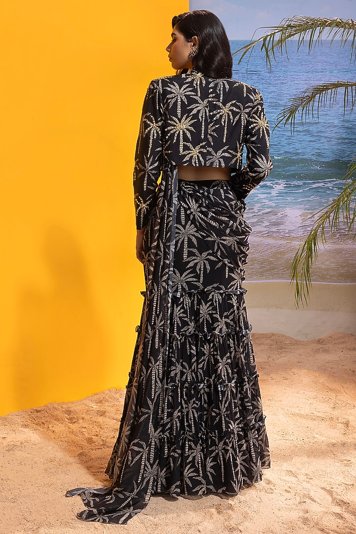 Black Crepe Printed Pre-Draped Tiered Wedding Saree Set by Maison Blu at Pernia's Pop Up Shop