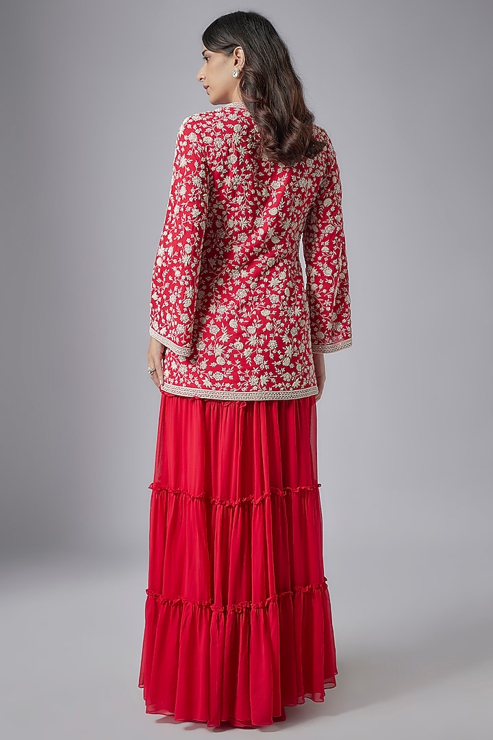 Red Georgette Tiered Bridal Sharara Set by Maisolos at Pernia's Pop Up Shop