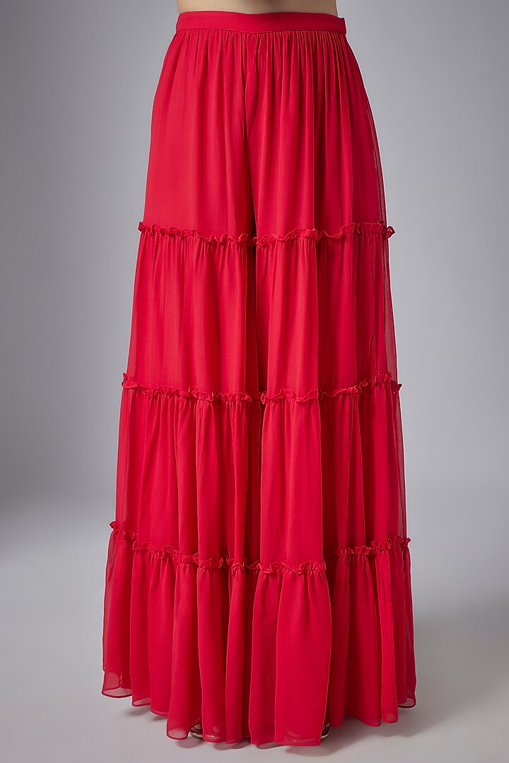 Red Georgette Tiered Bridal Sharara Set by Maisolos at Pernia's Pop Up Shop