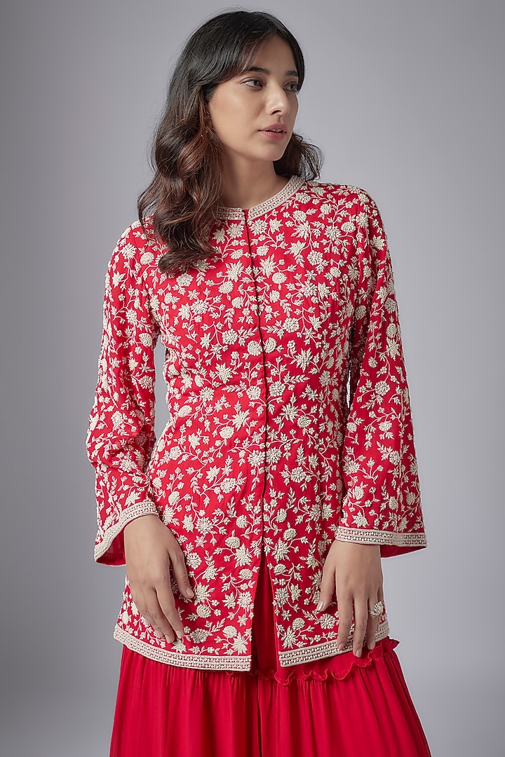 Red Georgette Tiered Bridal Sharara Set by Maisolos at Pernia's Pop Up Shop
