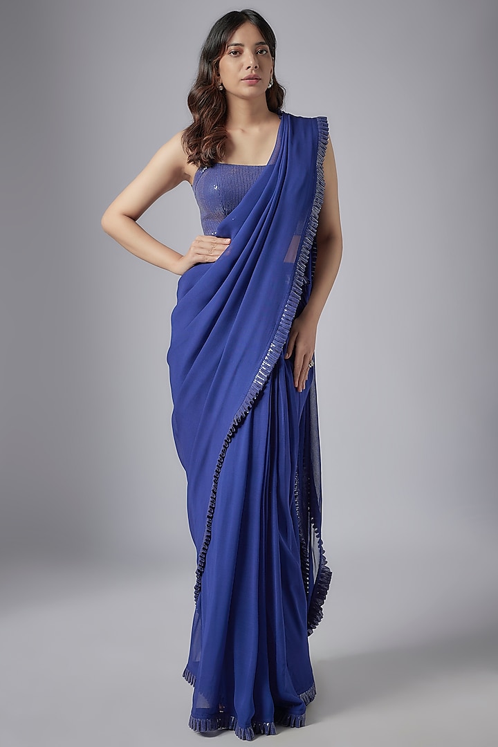 Navy Georgette Pre-Stitched Saree Set by Maisolos