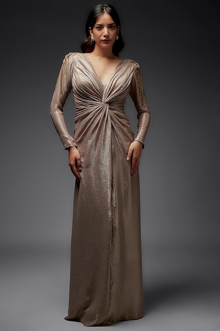 Gold Textured Lame Hand Embroidered Draped Gown by Maisolos