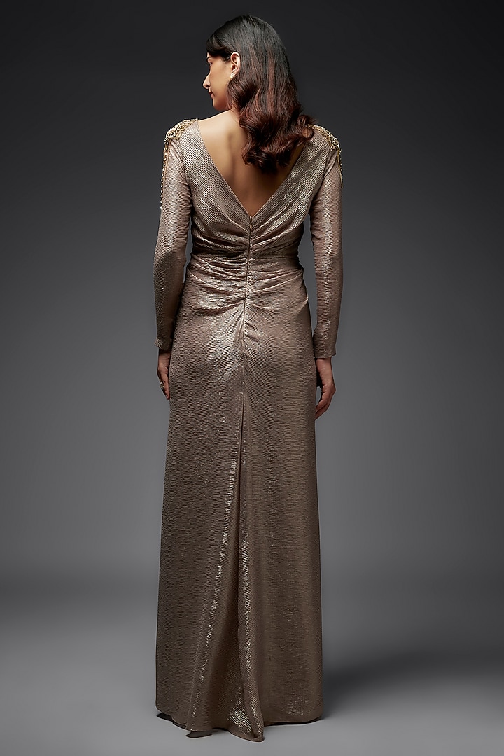 Gold Textured Lame Hand Embroidered Draped Engagement Gown by Maisolos at Pernia's Pop Up Shop