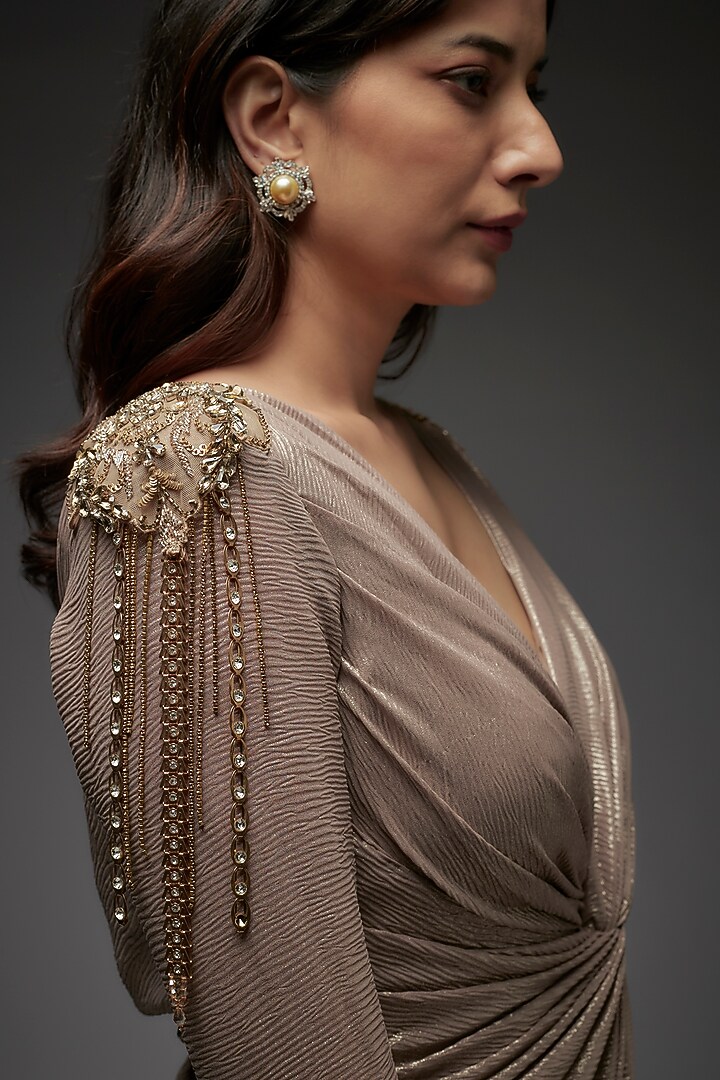 Gold Textured Lame Hand Embroidered Draped Engagement Gown by Maisolos at Pernia's Pop Up Shop