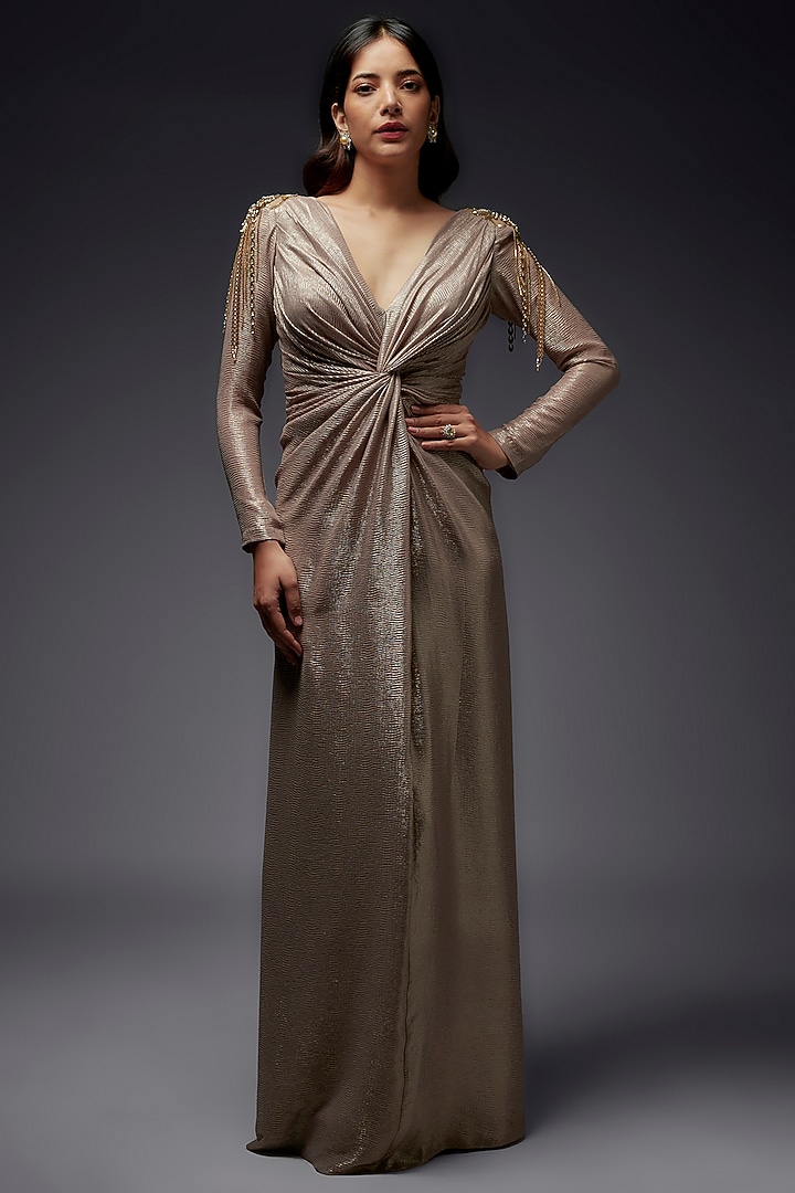 Gold Textured Lame Hand Embroidered Draped Engagement Gown by Maisolos at Pernia's Pop Up Shop