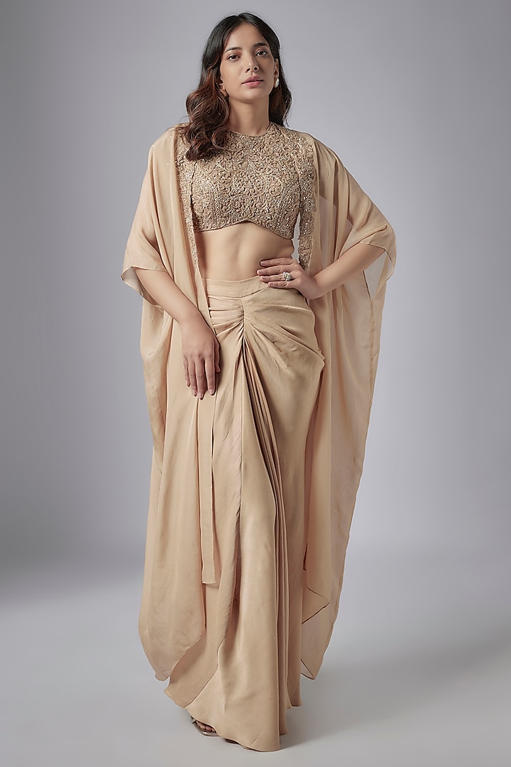 Beige Crepe Satin Draped Skirt Set by Maisolos at Pernia's Pop Up Shop