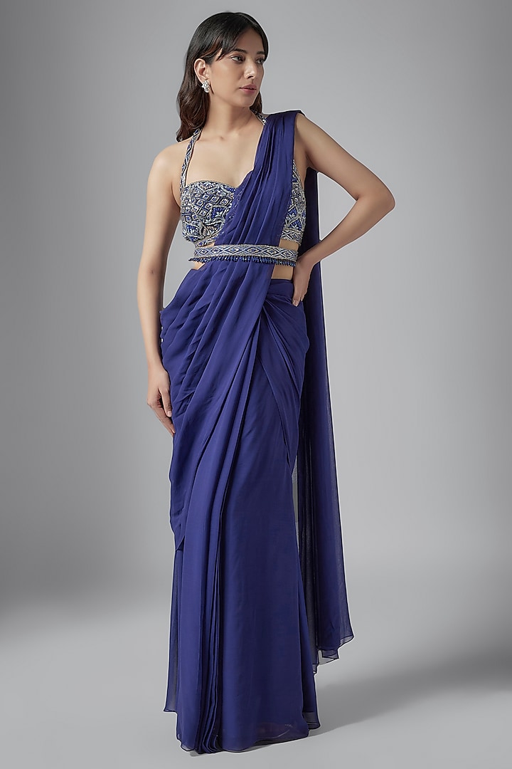 Navy Georgette Draped Saree Set by Maisolos