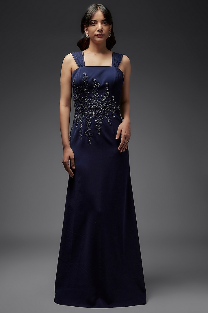 Navy Lycra Cutdana Embroidered Gown by Maisolos