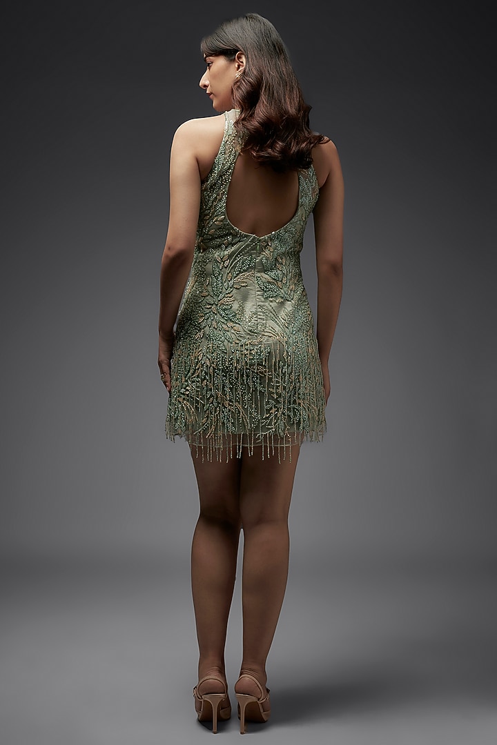 Sage Green Net Embroidered Mini Cocktail Dress by Maisolos at Pernia's Pop Up Shop