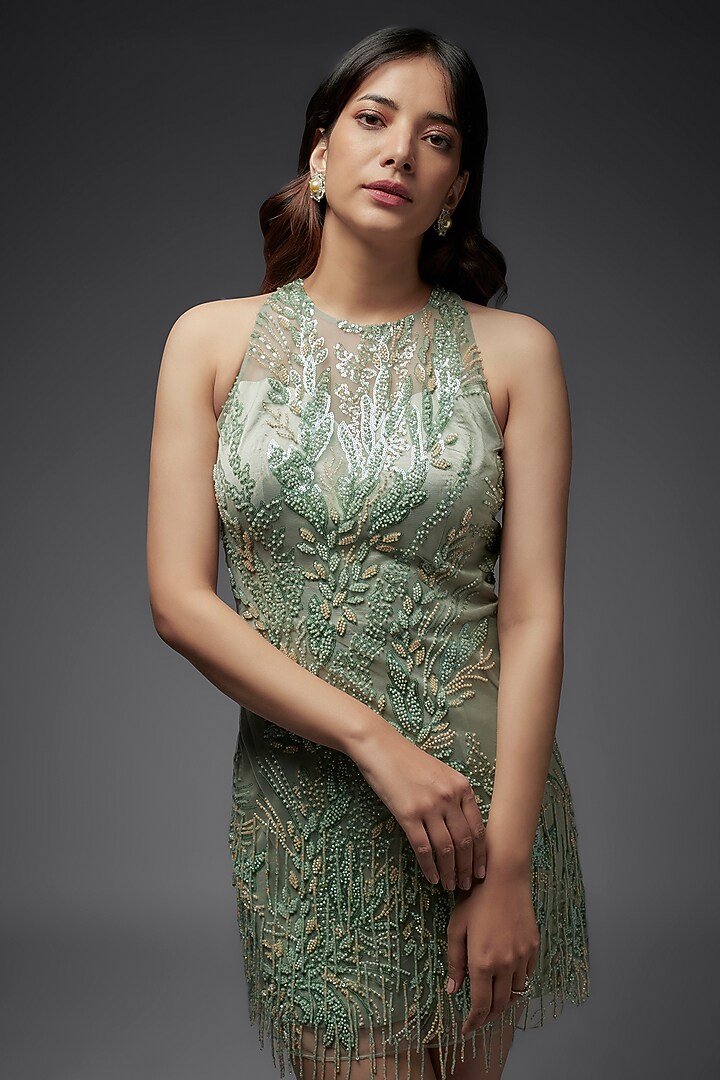 Sage Green Net Embroidered Mini Cocktail Dress by Maisolos at Pernia's Pop Up Shop