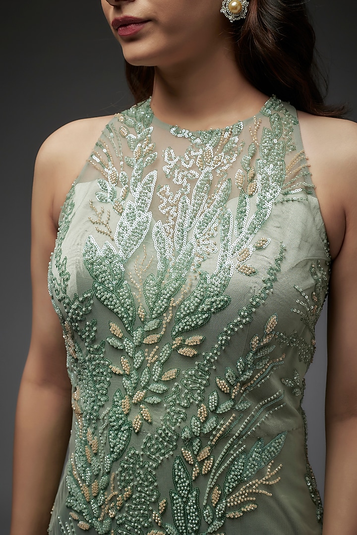 Sage Green Net Embroidered Mini Cocktail Dress by Maisolos at Pernia's Pop Up Shop