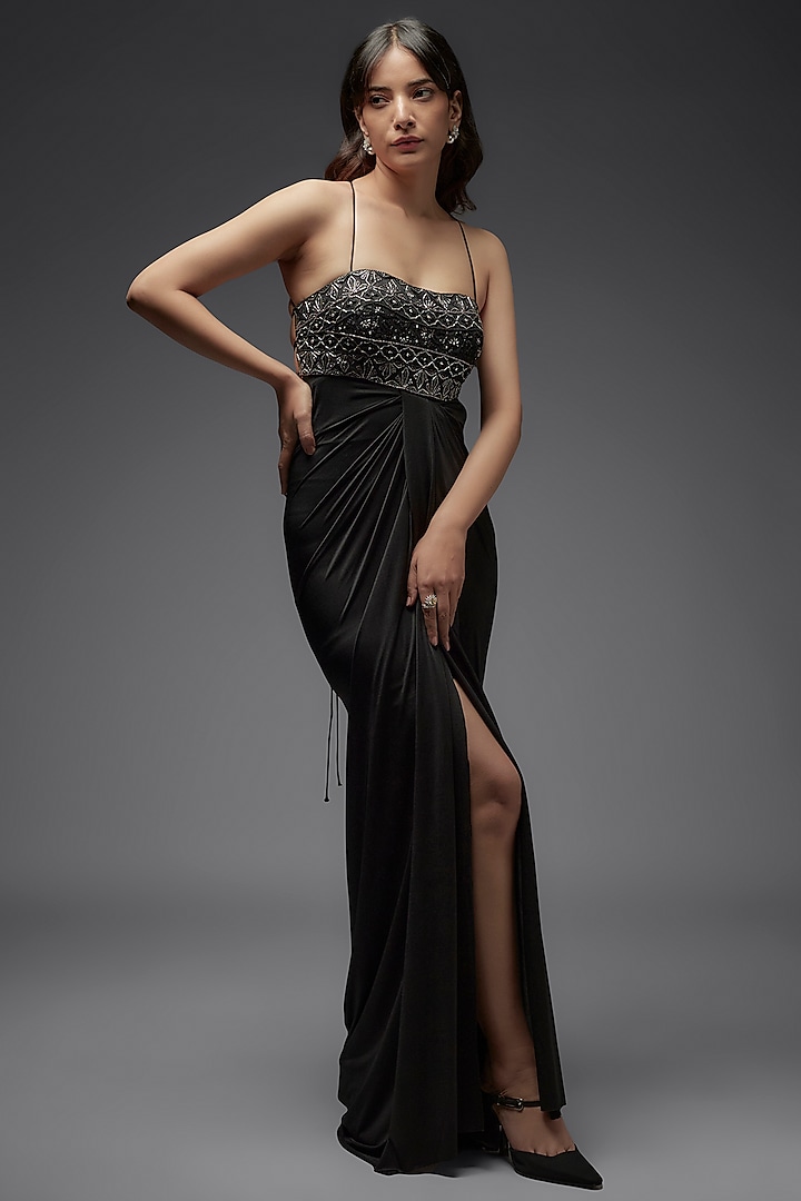 Black Lycra Hand Embroidered Draped Gown by Maisolos