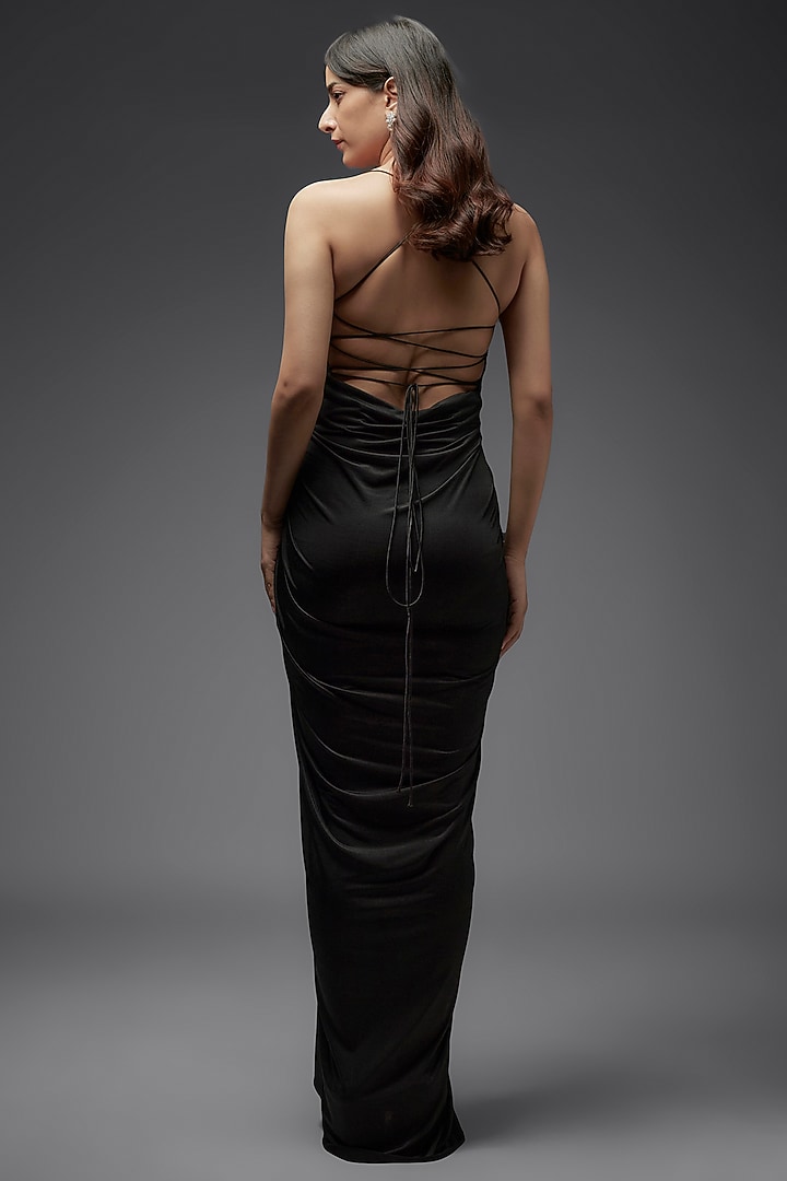 Black Lycra Hand Embroidered Draped Party Wear Gown by Maisolos at Pernia's Pop Up Shop