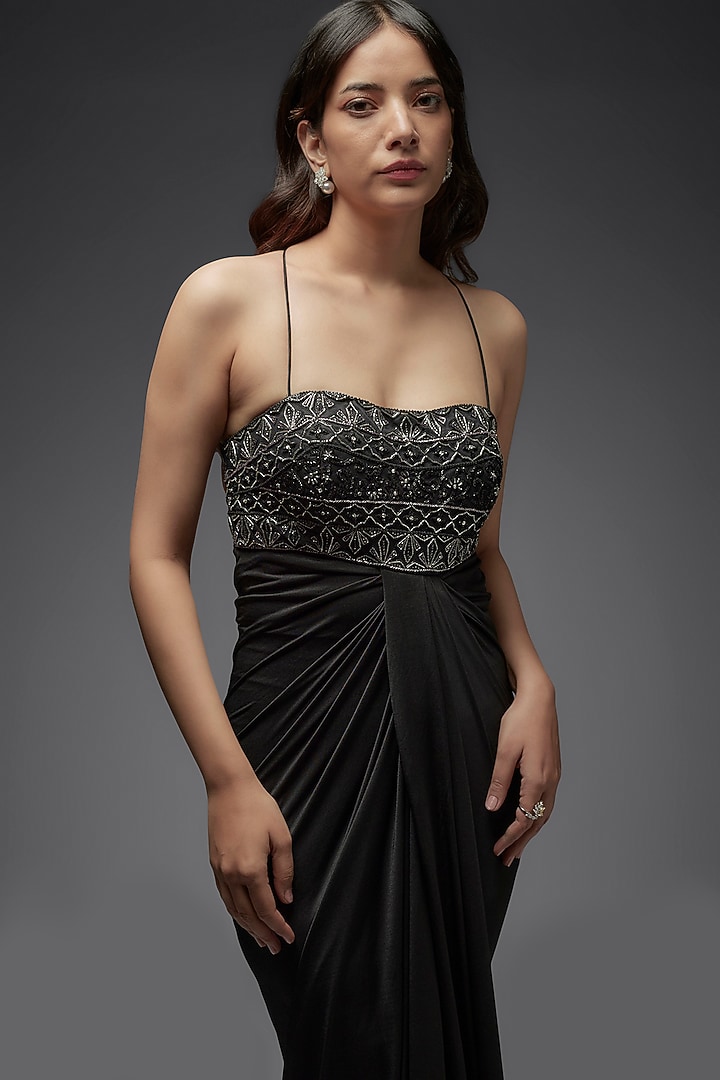 Black Lycra Hand Embroidered Draped Party Wear Gown by Maisolos at Pernia's Pop Up Shop