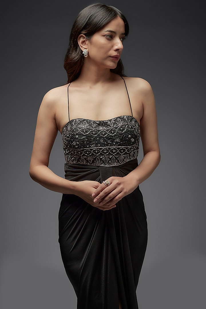 Black Lycra Hand Embroidered Draped Party Wear Gown by Maisolos at Pernia's Pop Up Shop