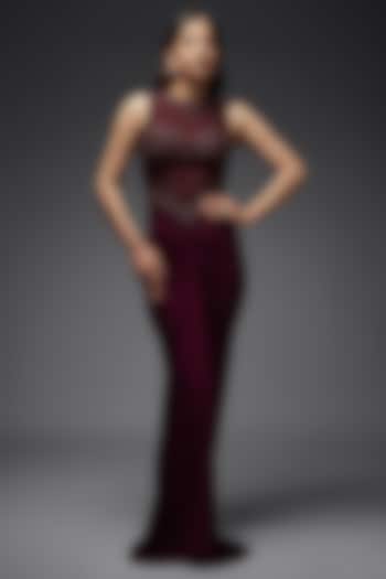 Burgundy Mesh & Lycra Hand Embroidered Draped Gown by Maisolos