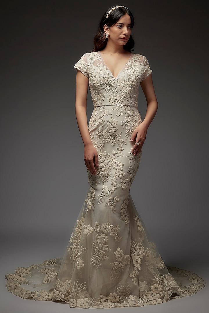 White Lace Bead Embroidered Gown by Maisolos