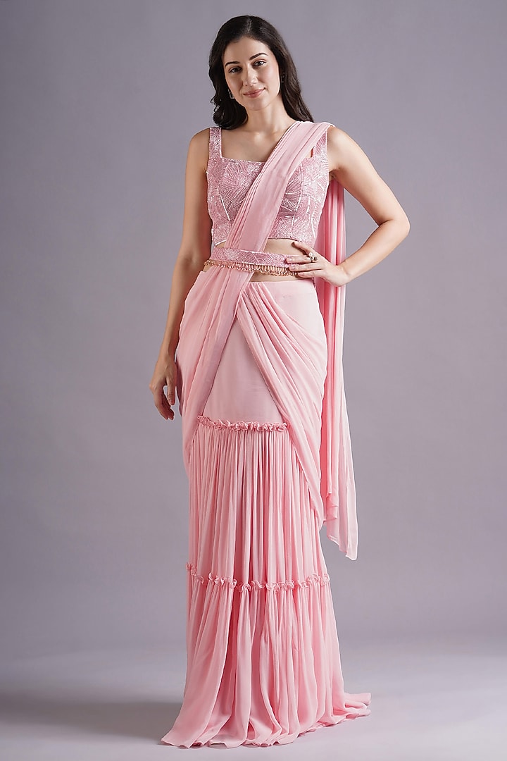 Baby Pink Georgette Double Layered Draped Wedding Saree Set by Maisolos at Pernia's Pop Up Shop