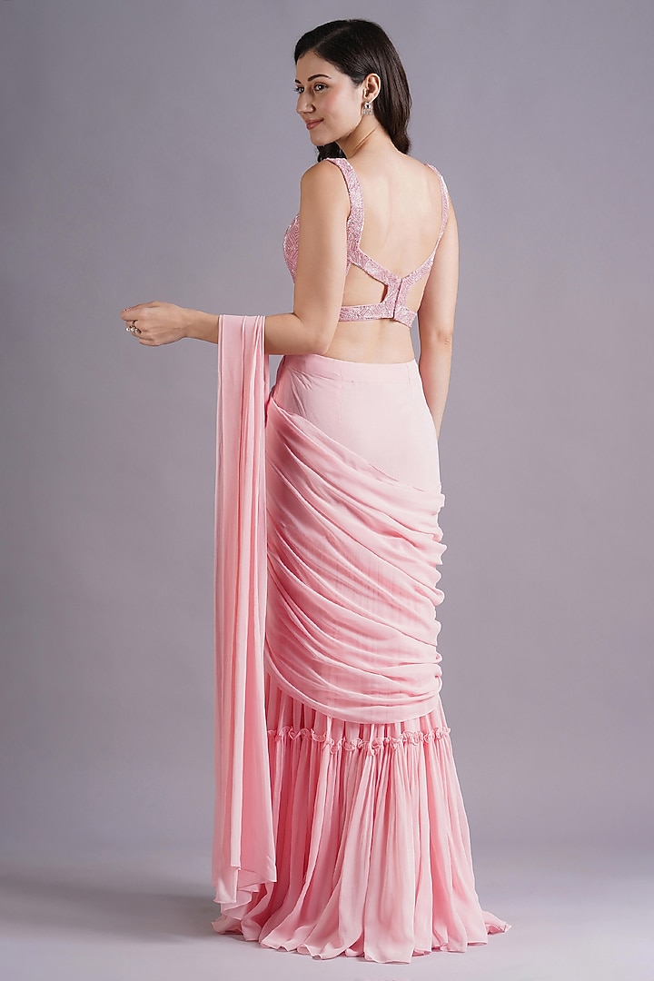 Baby Pink Georgette Double Layered Draped Wedding Saree Set by Maisolos at Pernia's Pop Up Shop