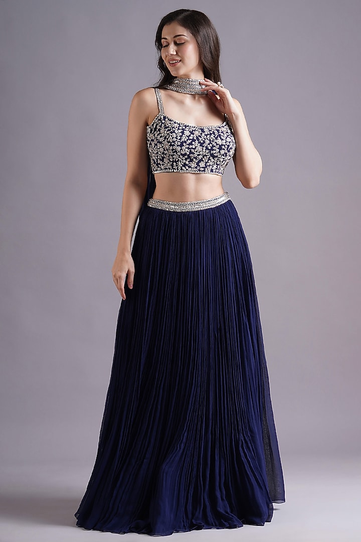 Navy Georgette Pleated Skirt Set by Maisolos at Pernia's Pop Up Shop