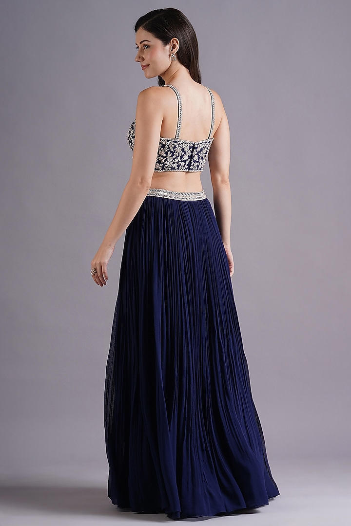Navy Georgette Pleated Skirt Set by Maisolos at Pernia's Pop Up Shop