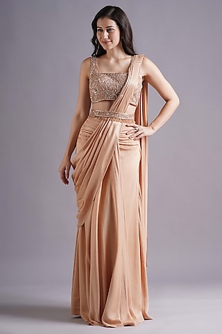 Nude Crepe Satin Ruched Saree Set by Maisolos